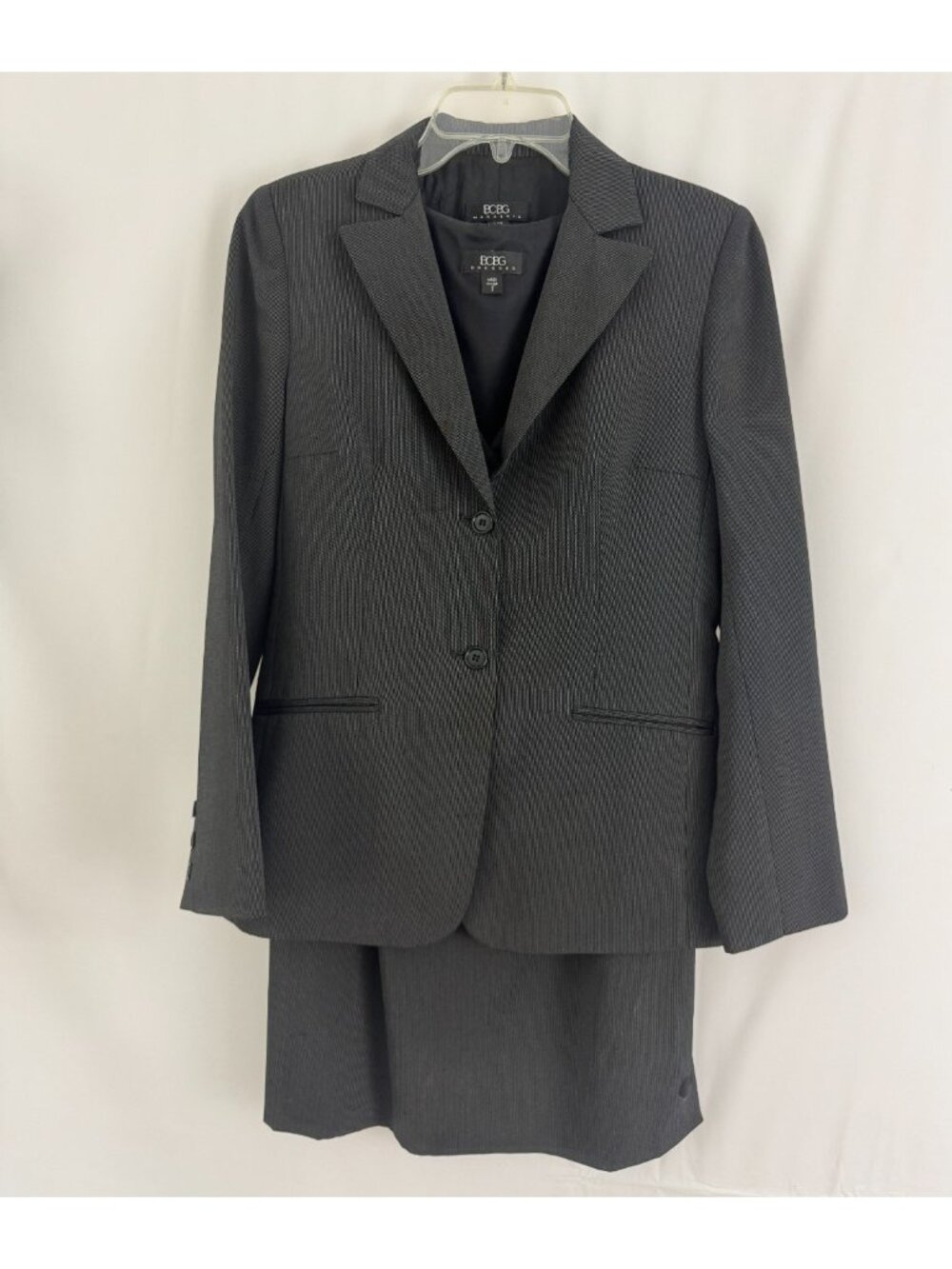 Vintage BCBG MaxAzria Pinstripe Suit Blazer & Dress Set Black Gray, Size 2